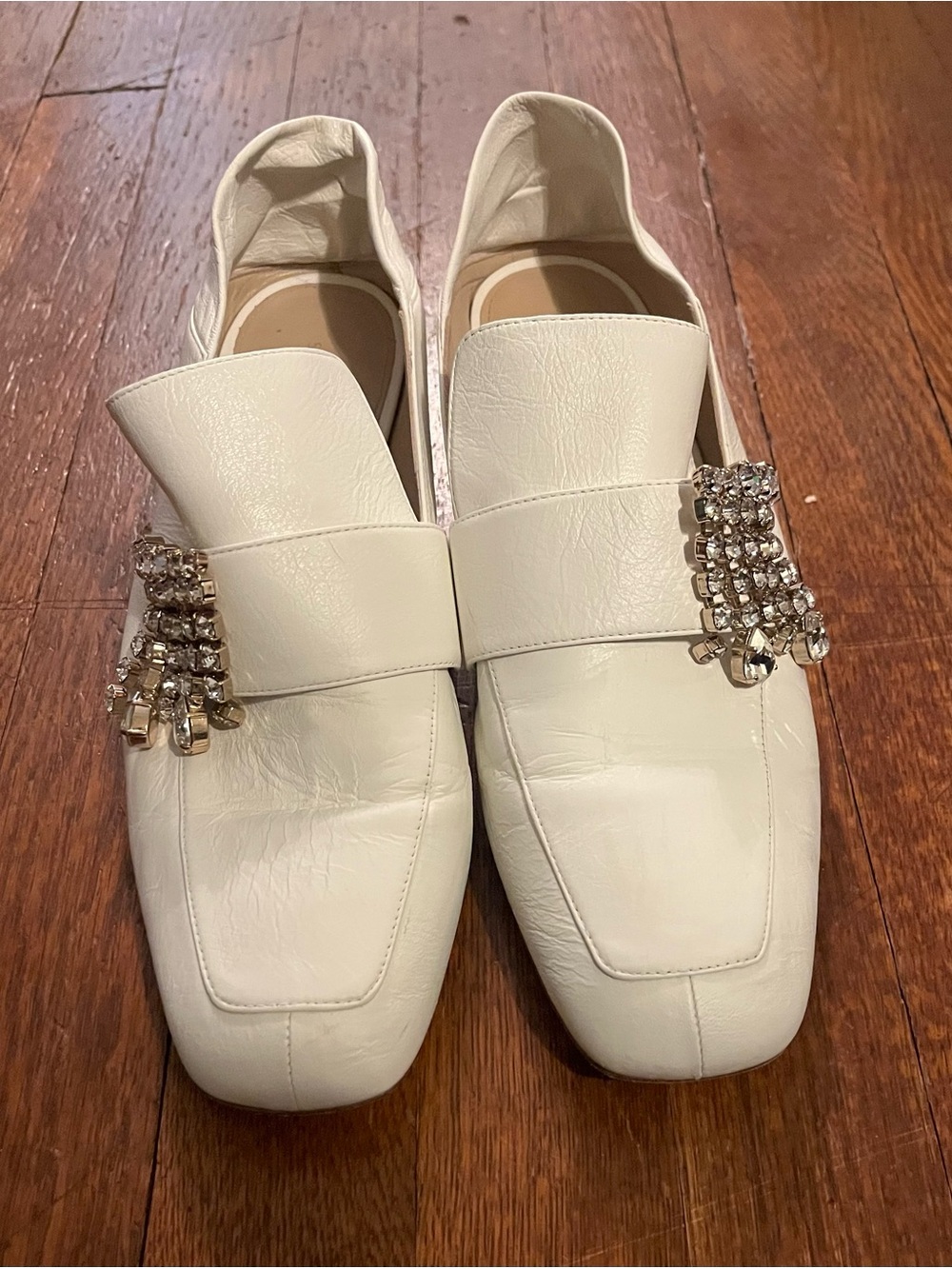 Stuart Weitzman White Leather Embellished Loafers